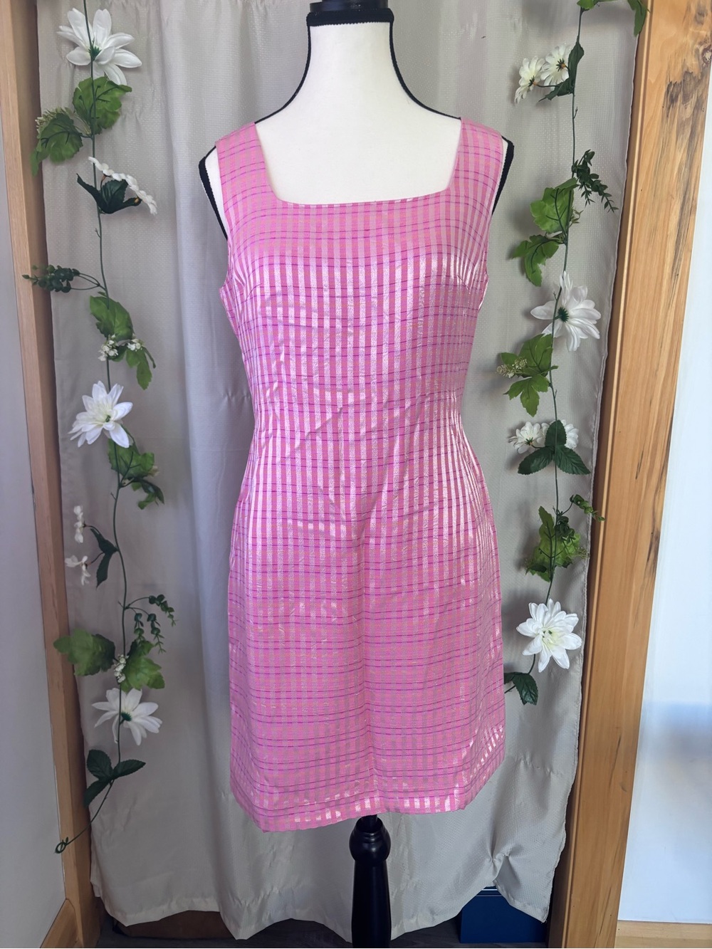 Vintage Pink Dress with Subtle Shine- Sleeveless Square Neck- Size 10